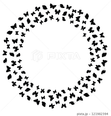 Cute butterflies silhouette round frame. Flying summer insects round border 121982394