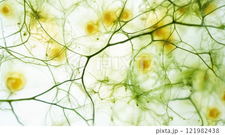 Intricate green network of cells under microscope Intricate green network of cells under microscope 121982438