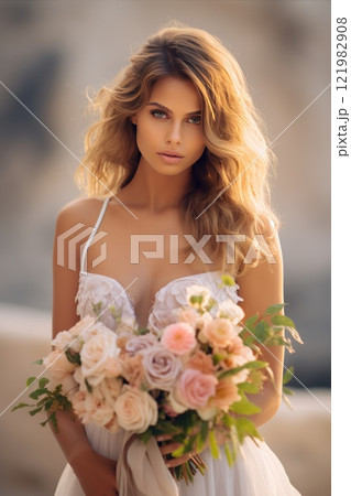 A stylish and elegant woman in a beautiful wedding dress. Bride shows off her gown 121982908