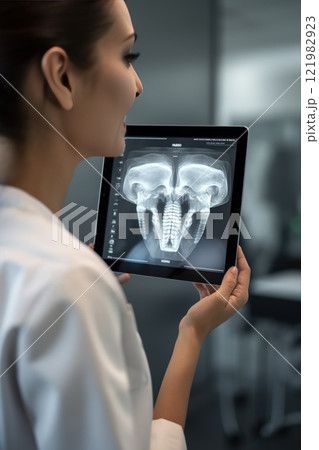 Doctor diagnosing patient’s health on lung disease, COVID-19, coronavirus or bone cancer illness with radiological x-ray film on a tablet for medical healthcare hospital service. Back view close-up 121982923