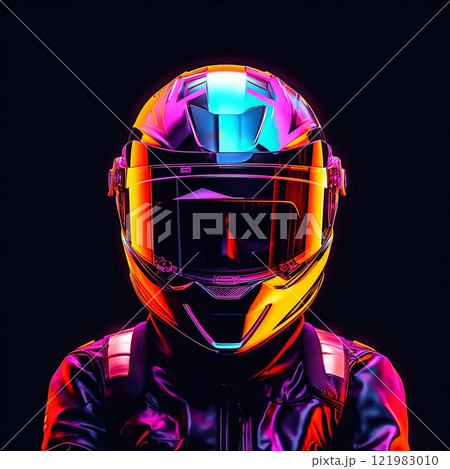 motorcycle helmet with neon lights on a dark background. helmet glass in neon lighting 121983010