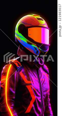 motorcycle helmet with neon lights on a dark background. helmet glass in neon lighting motorcycle helmet with neon lights on a dark background. helmet glass in neon lighting 121983017