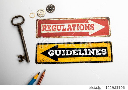 Regulations and Guidelines. Red and yellow directional arrow with text 121983106