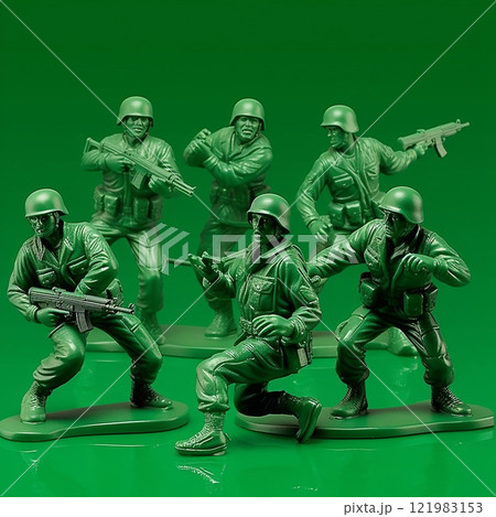 Green plastic toy hyperrealism soldiers in the middle of a war. Concept Collection toy 121983153