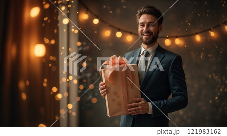 Joyful man holding a gift in a warm and romantic setting 121983162