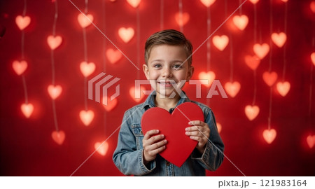 Happy boy with a gift box in a romantic red atmosphere Happy boy with a gift box in a romantic red atmosphere 121983164