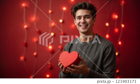 Happy man with a gift box in a romantic red atmosphere 121983171