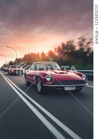 Old retro classic supercar red moves at high speed. 121983233