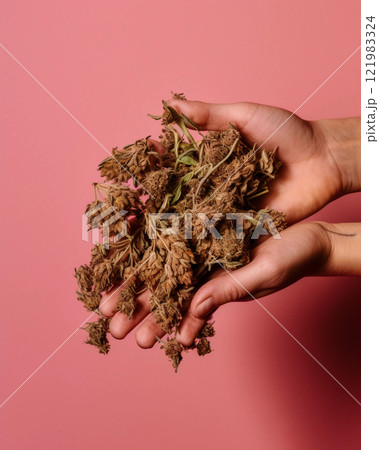 Hands Holding Cannabis Bud From Medical Marijuana or CBD Hemp Flower on Light Background with Copy Space, for personal use Hands Holding Cannabis Bud From Medical Marijuana or CBD Hemp Flower on Light Background with Copy Space, for personal use 121983324