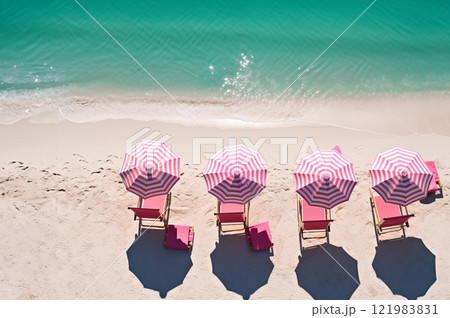 Aerial view the Beach umbrellas and blue ocean. Beach scene from above 121983831