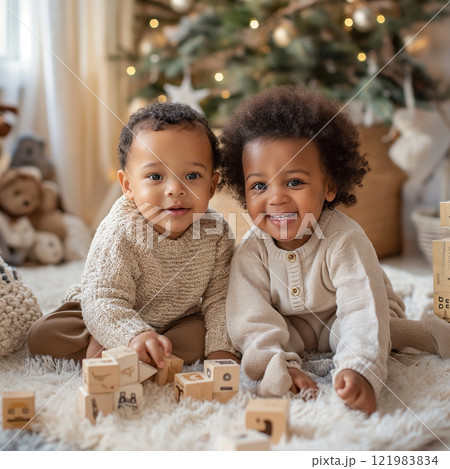 little boys are sitting on a carpet in a room with gifts on the background of a Christmas tree 121983834