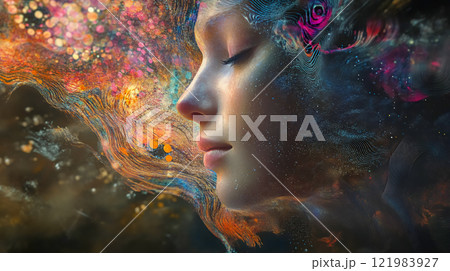 光と色彩が描く心の宇宙　カラフルな女性の横顔のイラスト 121983927