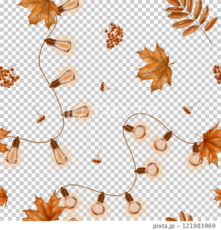 Vintage retro round glowing bulbs garlands,fall leaves and berries of mountain ash,maple in autumn seamless pattern makes a mood of festivity and celebration.Pattern on a transparent background 121983969