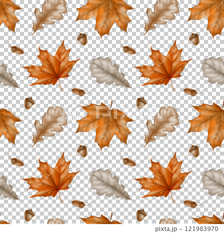 Seamless pattern autumn maple leaves,acorns,oak leaves as a symbol of the withering of nature, the herbarium.Watercolor hand-drawn pattern on transparent background Seamless pattern autumn maple leaves,acorns,oak leaves as a symbol of the withering of nature, the herbarium.Watercolor hand-drawn pattern on transparent background 121983970