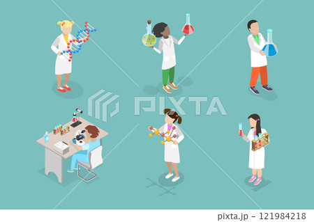 3D Isometric Flat Vector Illustration of Scientists Kids Characters, Young Scholars Exploring The World 121984218