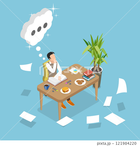 3D Isometric Flat Vector Illustration of Dreamy Author, Book Writing Process 3D Isometric Flat Vector Illustration of Dreamy Author, Book Writing Process 121984220