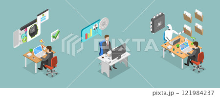 3D Isometric Flat Vector Illustration of Human Resources and AI, HR Managment Automation 3D Isometric Flat Vector Illustration of Human Resources and AI, HR Managment Automation 121984237