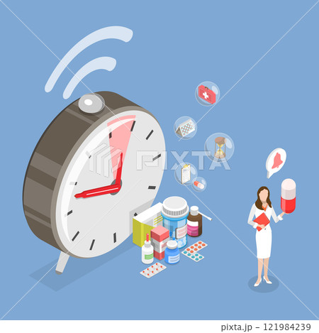 3D Isometric Flat Vector Illustration of Taking Pills Reminder, Time to Take Medicine 121984239