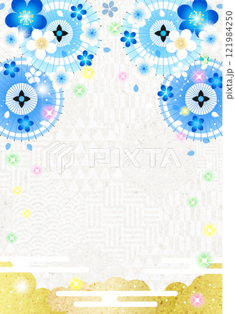 六角和柄地に和傘と梅桜の和背景、かわいい、縦、イラスト、青、アーチ状 六角和柄地に和傘と梅桜の和背景、かわいい、縦、イラスト、青、アーチ状 121984250