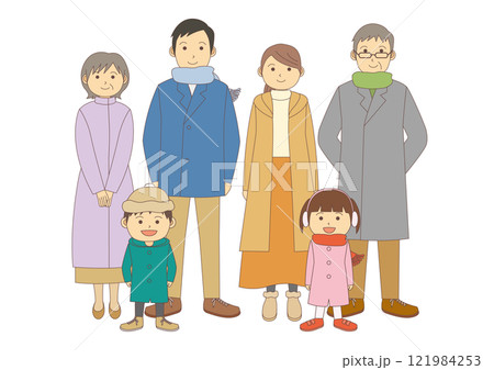 正面を向いた冬服の6人の家族のイメージイラスト_主線あり 121984253