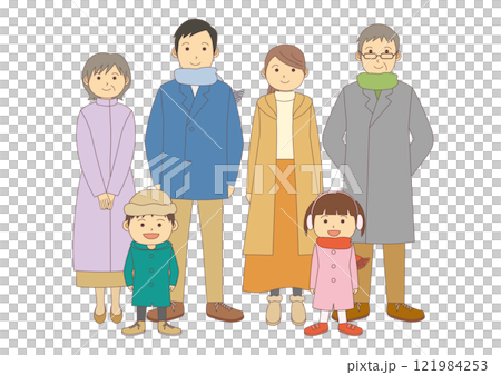 Illustration of a family of six in winter clothes facing forward_with main lines 121984253