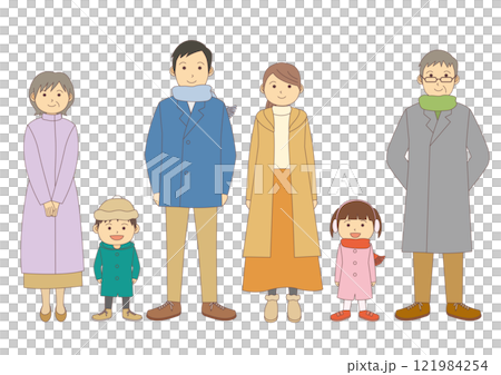 Set of illustrations of a family in winter clothes facing forward_with main lines Set of illustrations of a family in winter clothes facing forward_with main lines 121984254