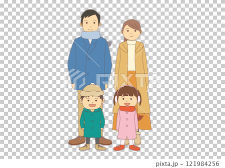 Illustration of a family of four in winter clothes facing forward_with main lines 121984256