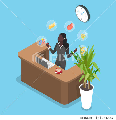 3D Isometric Flat Vector Illustration of Woman Receptionist Job, Secretary Occupation As A Professional Assistant In An Office 3D Isometric Flat Vector Illustration of Woman Receptionist Job, Secretary Occupation As A Professional Assistant In An Office 121984283