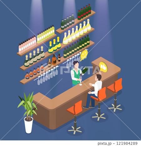 3D Isometric Flat Vector Illustration of Pub Bartender, Cocktail Serving 121984289