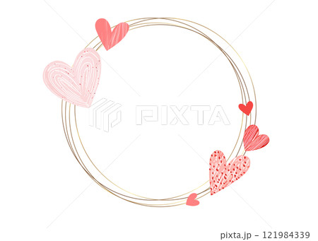 さまざまな模様のピンクと赤色のハートの円枠。バレンタインデザイン 121984339