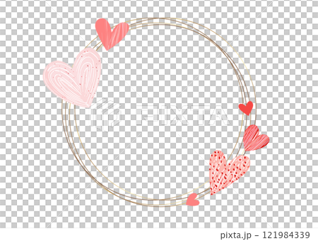 さまざまな模様のピンクと赤色のハートの円枠。バレンタインデザイン 121984339