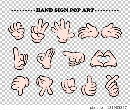 Pop art hand poses (hand signs) illustration set | Rock, scissors, paper, peace, heart, etc. 121985257
