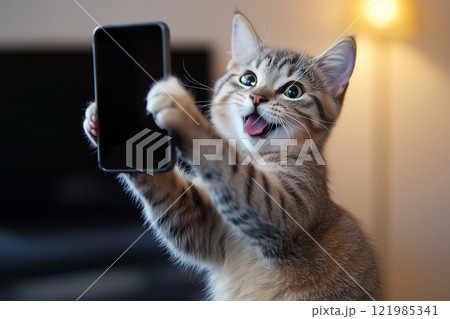 スマートフォンで自撮りをする猫 スマートフォンで自撮りをする猫 121985341