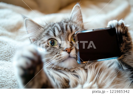 スマートフォンで自撮りをする猫 スマートフォンで自撮りをする猫 121985342