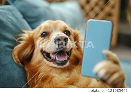 スマートフォンで自撮りをするゴールデンレトリバー 121985445