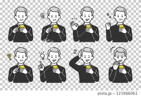 スマホを見ながらいろいろな表情･ポーズをするシニア男性･高齢者のセット【人物ベクターイラスト素材】 121986061