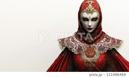 Traditional Venetian Costume Displaying Vibrant Red and Gold Details for Cultural and Artistic Inspiration 121986469