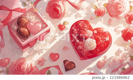 バラとバレンタインの箱に詰められたチョコレート 121986662
