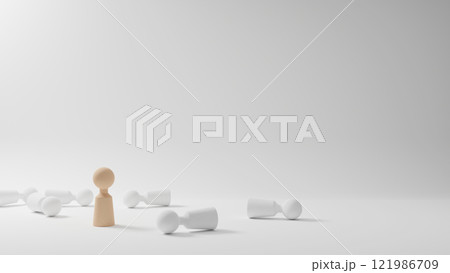Business competition concept design of wooden people stand among other fallen peoples on white background with copy space 3D render 121986709
