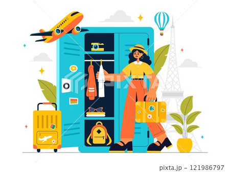 Travel Locker Vector Illustration Featuring Baggage Storage, Luggage Keeping Services and Secure Metal Boxes for Protection and Safety in a Background 121986797