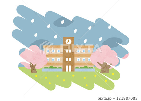 雨の日の春の桜と学校の落書き風イラスト 雨の日の春の桜と学校の落書き風イラスト 121987085