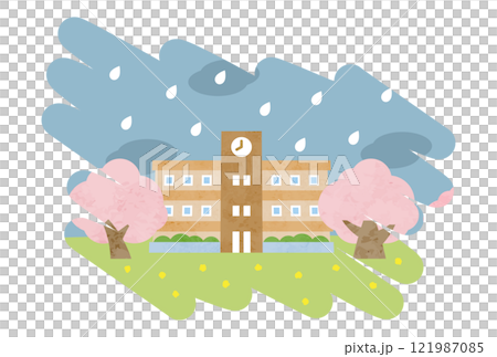 雨の日の春の桜と学校の落書き風イラスト 雨の日の春の桜と学校の落書き風イラスト 121987085