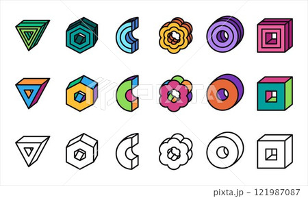 3D geometrics element colorful object Memphis Bauhaus neo-brutalism style circle triangle rectangle box cube hexagon crooked shapes decorative design icons set collection 3D geometrics element colorful object Memphis Bauhaus neo-brutalism style circle triangle rectangle box cube hexagon crooked shapes decorative design icons set collection 121987087