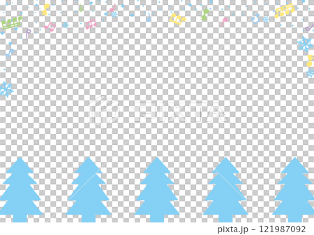 水色のもみの木と雪の結晶とカラフルな音符のフレーム_横 121987092