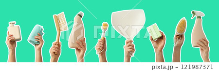 House cleaning accessories, set of hands with house cleaning accessories on mint background 121987371