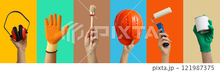 Repair accessories, collage of hands with repair accessories on color backgrounds Repair accessories, collage of hands with repair accessories on color backgrounds 121987375