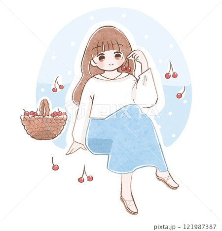 空を背景にさくらんぼ狩りをする女の子 121987387