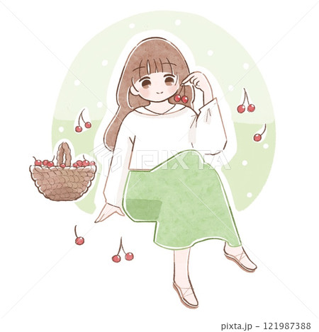 草原でサクランボ狩りをする女の子 草原でサクランボ狩りをする女の子 121987388