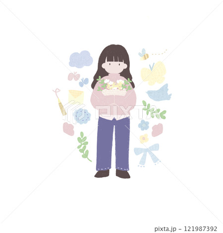 女の子と小物と草花ののナチュラルなイラスト 121987392