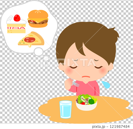 高カロリーの食べ物を我慢してサラダを食べる女性 121987484